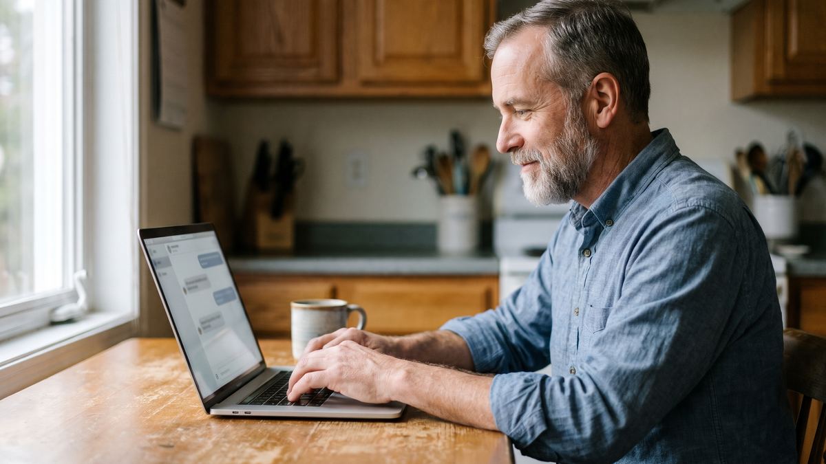 Business owner at his kitchen table asking an AI tool about local businesses