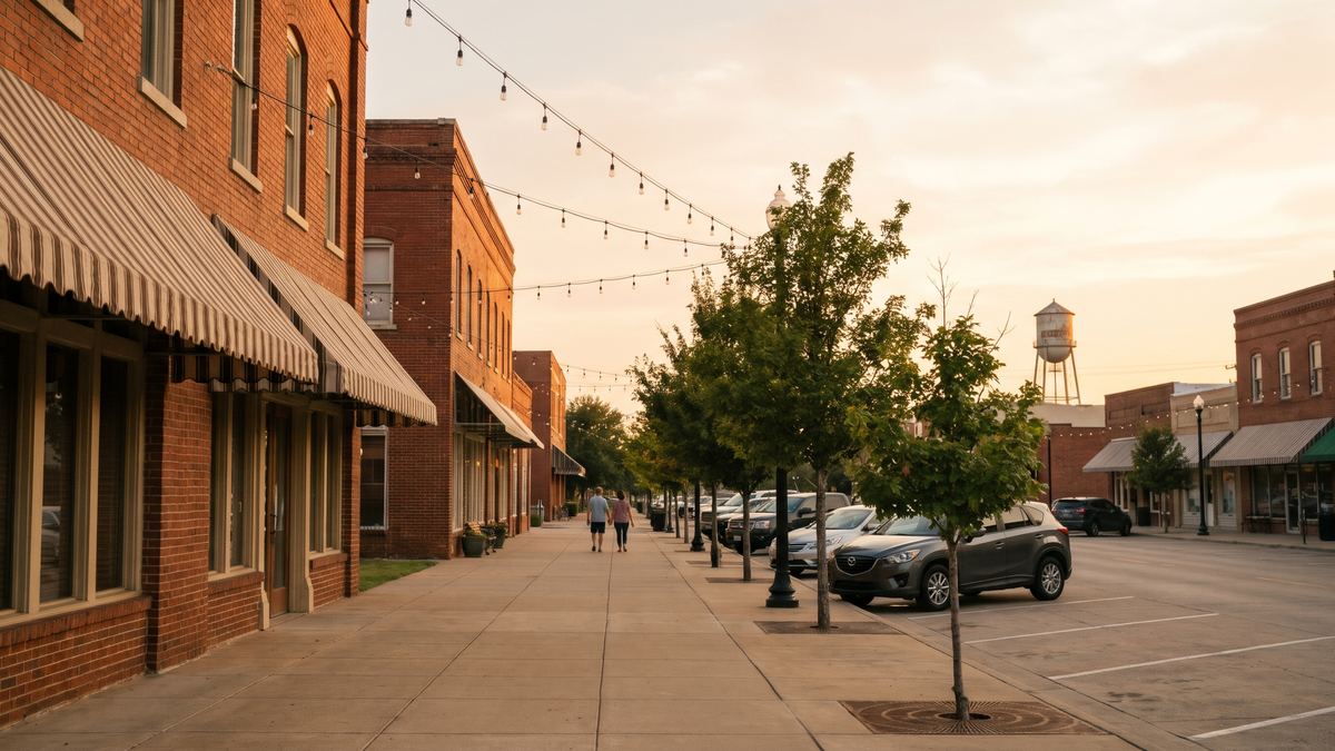 City page local SEO for Frisco and Plano Historic downtown square in a north Texas suburb at golden hour