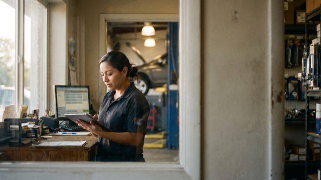 Auto shop owner checking her Google Business Profile on a tablet at the front counter