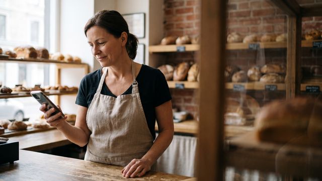Bakery owner checking her Google reviews on a phone at the counter