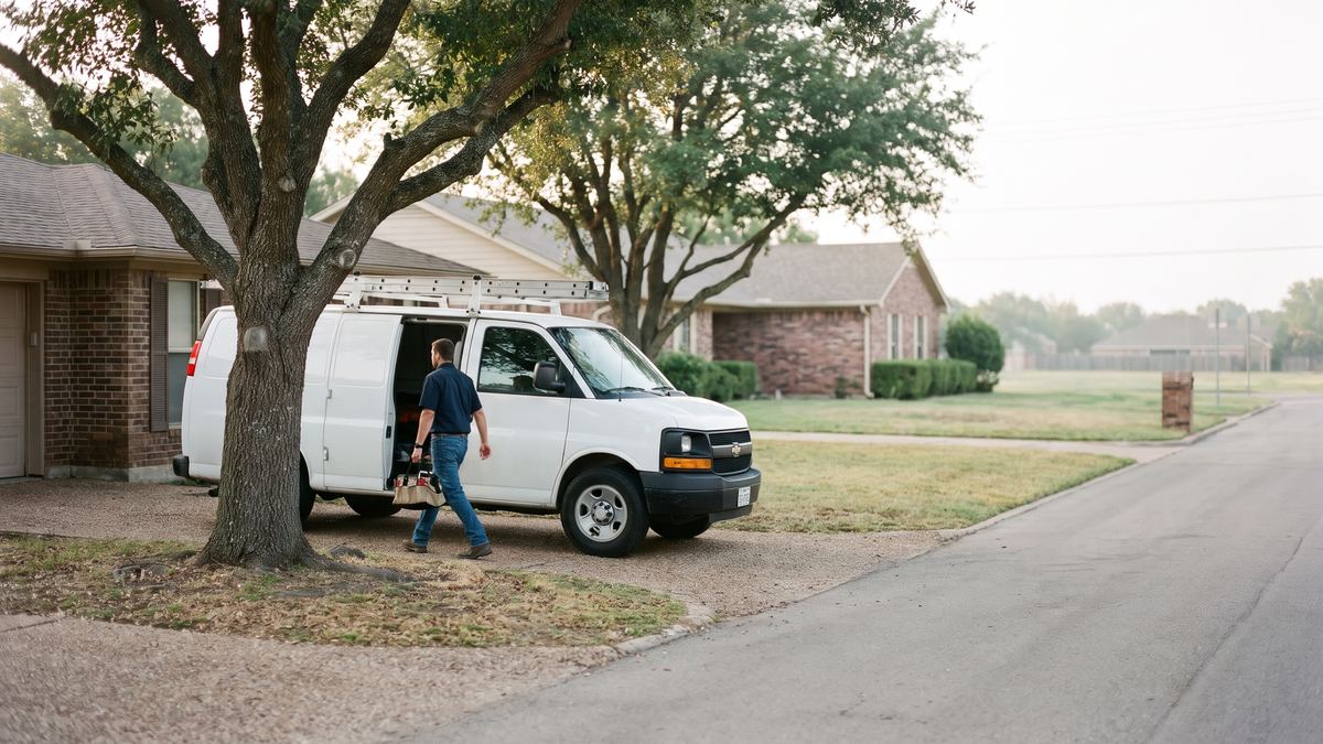 Service area business vs storefront Plumber loading a work van in a north Texas driveway, a service area business with no storefront