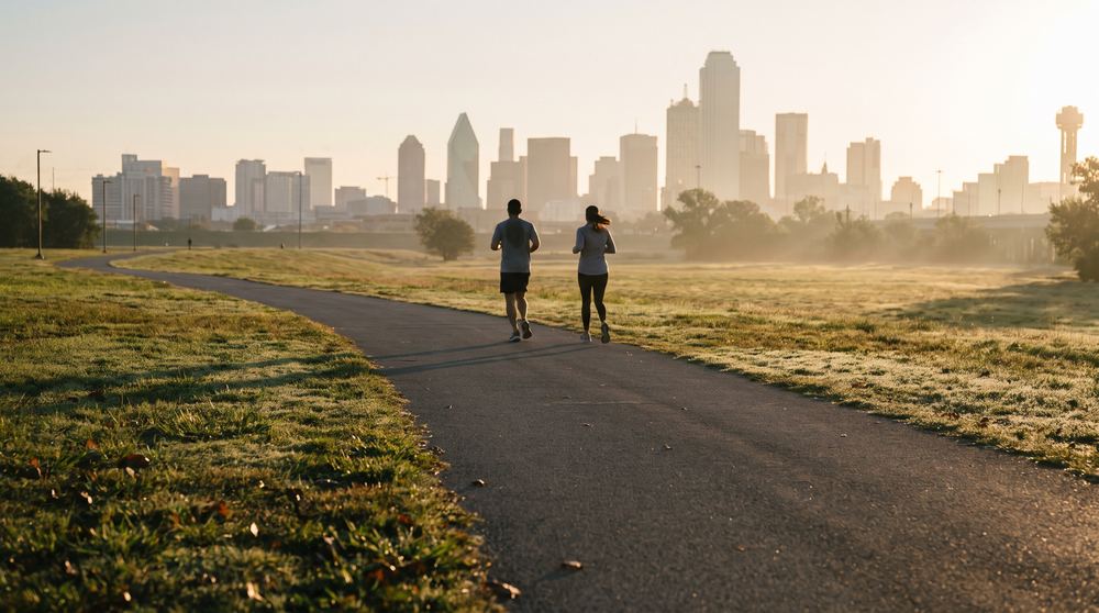 joggers on a dallas trail at sunrise with the skyline ahead