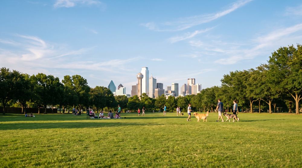 dallas park lawn with the skyline on a sunny day