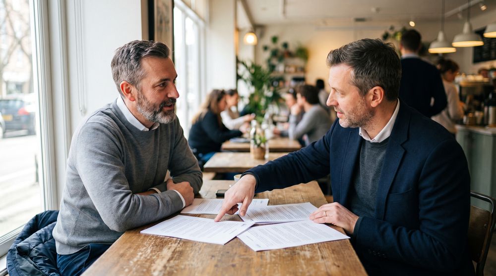 two people talking over printed reports in a cafe